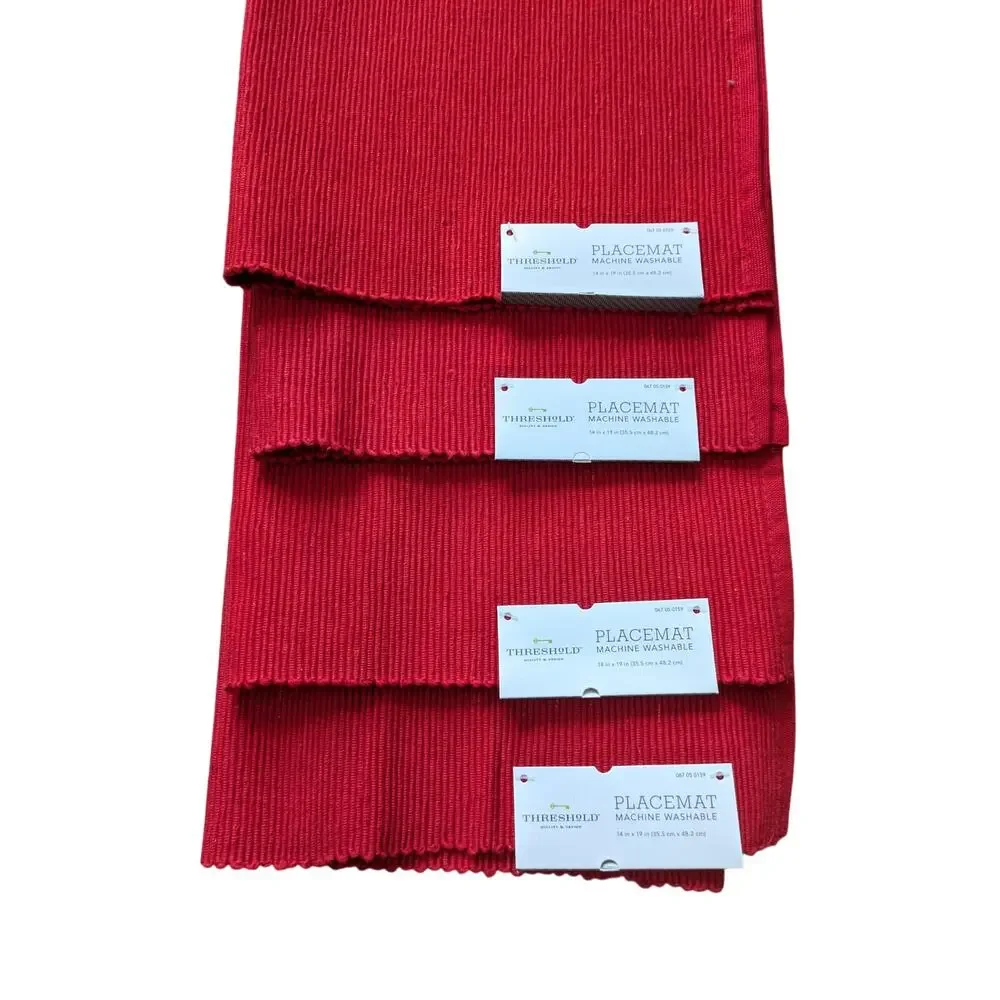 4 NWT Threshold Placemat Machine Washable 14X19in Cotton Red Metallic Christmas